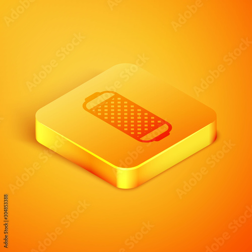 Isometric line Stereo speaker icon isolated on orange background. Sound system speakers. Music icon. Musical column speaker bass equipment. Orange square button. Vector Illustration