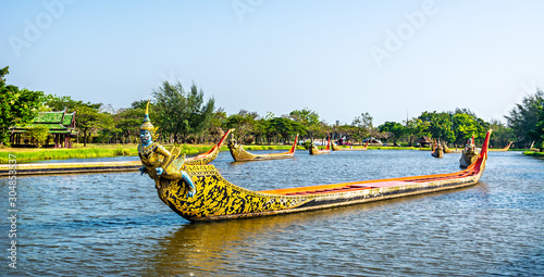 Photography Ancient Siam park, Royal Water-Course Procession, decorated wooden thai boats on pond