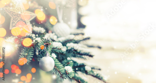 christmas holidays  background with snow and festive ornements and christmas decorations