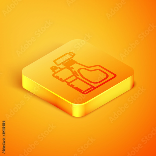Isometric line Plastic bottles for liquid laundry detergent, bleach, dishwashing liquid or another cleaning agent icon isolated on orange background. Orange square button. Vector Illustration