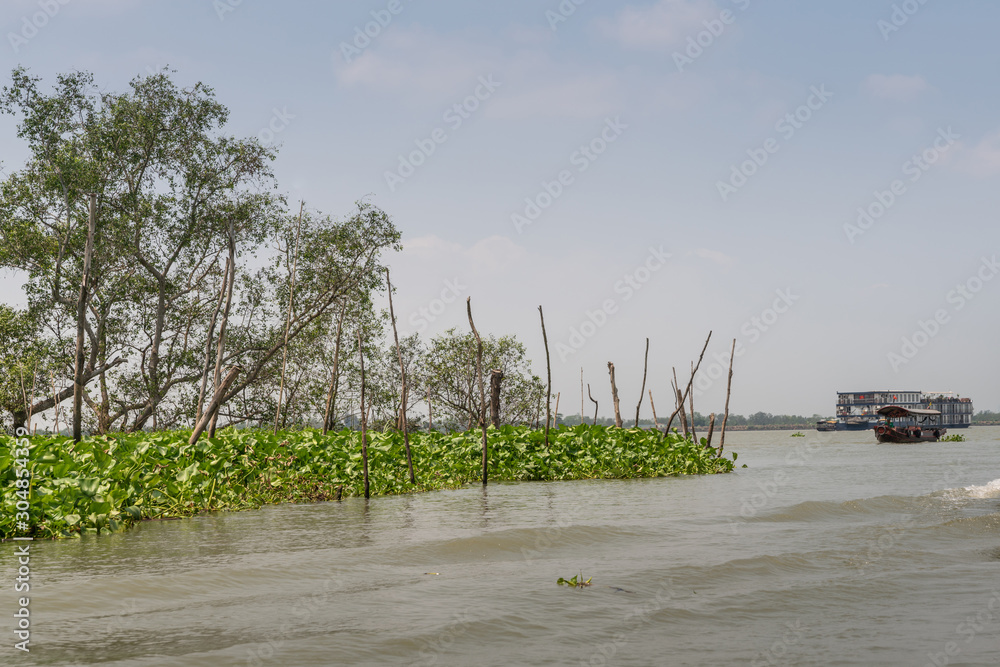 Tan Phong, Mekong Delta, Vietnam - March 13, 2019: Brownish Mekong river seen from land under light blue sky. Lots of floating green foliage in water and one large vessel and one smaller traditional b