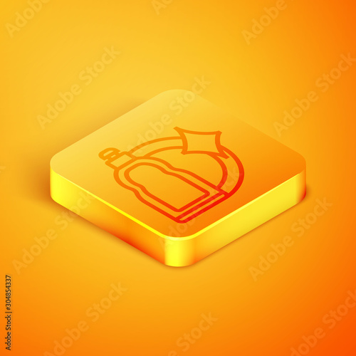 Isometric line Plastic bottle for liquid laundry detergent, bleach, dishwashing liquid or another cleaning agent icon isolated on orange background. Orange square button. Vector Illustration
