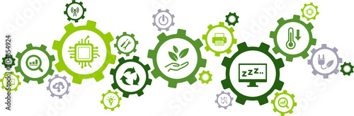 Green computing / green IT connected icon concept: environmentally sustainable ICT, Recycling, cloud computing, systems design – vector illustration