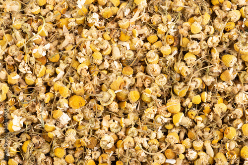 Dried chamomiles healthy herbal tea background