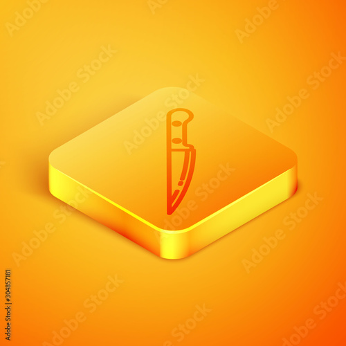 Isometric line Knife icon isolated on orange background. Cutlery symbol. Orange square button. Vector Illustration