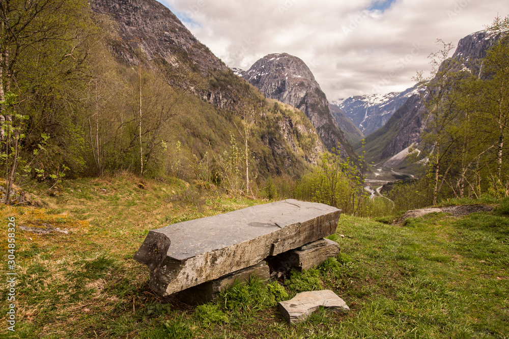 A broken stone bench at Stalheimskleiva in Norway A broken stone bench at Stalheimskleiva in Norway