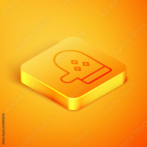 Isometric line Oven glove icon isolated on orange background. Kitchen potholder sign. Cooking glove. Orange square button. Vector Illustration