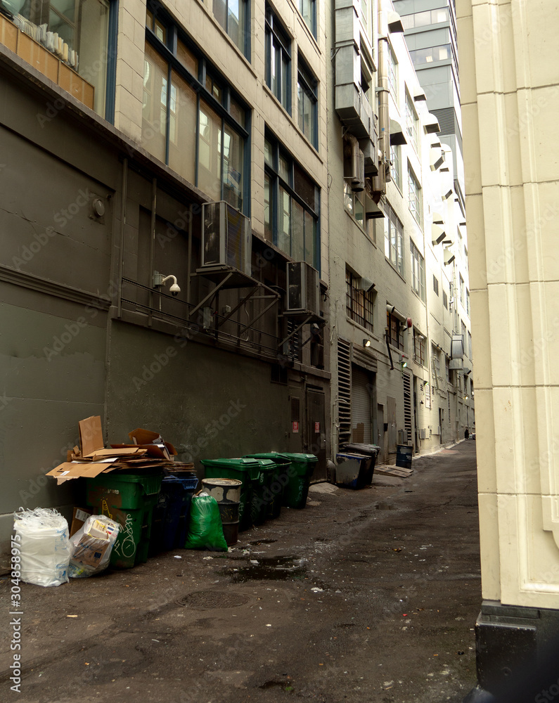 City alleyway full of fire escapes and overflowing garbage/recycling cans City alleyway full of fire escapes and overflowing garbage/recycling cans