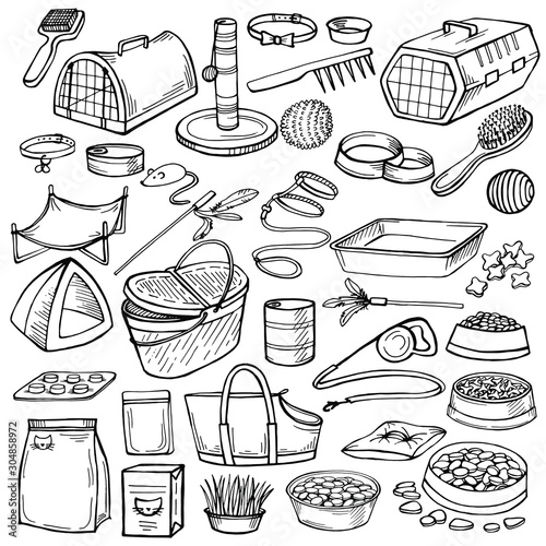 Hand drawn doodle Pets stuff.Pets accessories - pet equipment hand-drawn illustration, sketch style. Cartoon dogs and cats care elements: kennel, leash, food, paw, bowl, bone and other goods