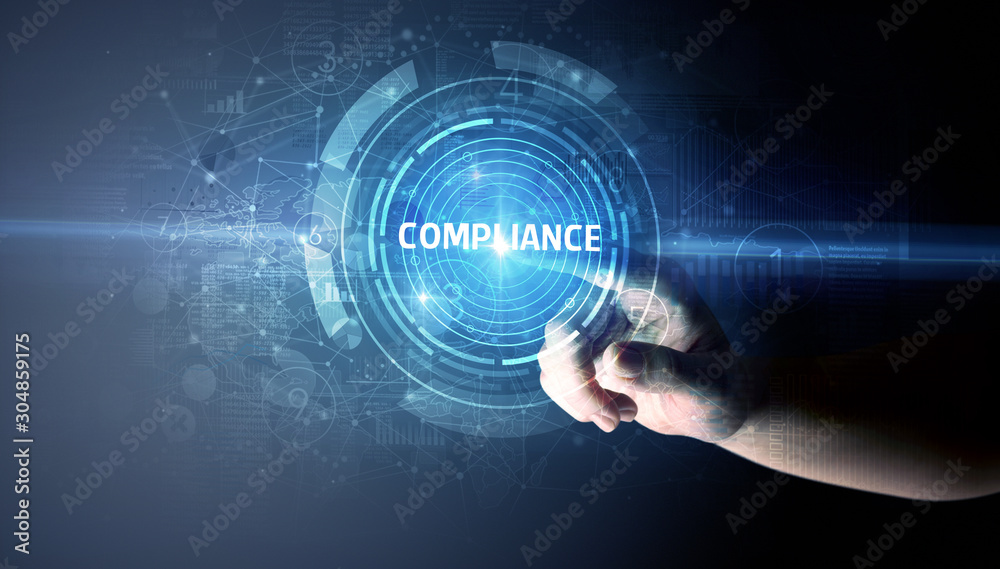 Obraz premium Hand touching COMPLIANCE button, modern business technology concept