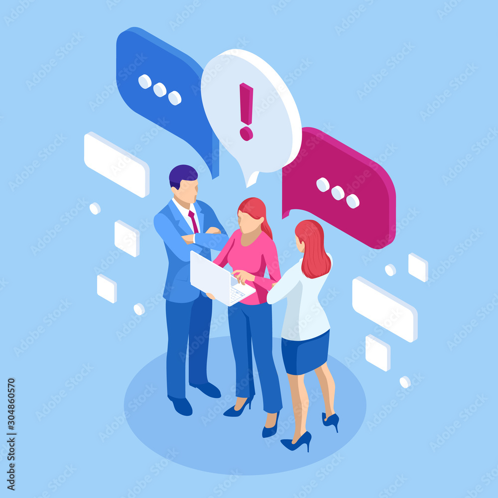 Isometric concept of discussing, chatting, conversation, dialogue. Businessmen and woman discuss social network, dialogue speech bubbles, news, social networks, chat. - obrazy, fototapety, plakaty 