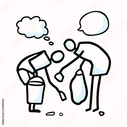 Hand Drawn Stick Figures Trash Collecting with Speech Bubbles. Concept of Clean Up Earth Day Communication. Comic Icon Motif for Environmental Earth Day, Volunteer Clip Art Illustration. Vector Eps 10