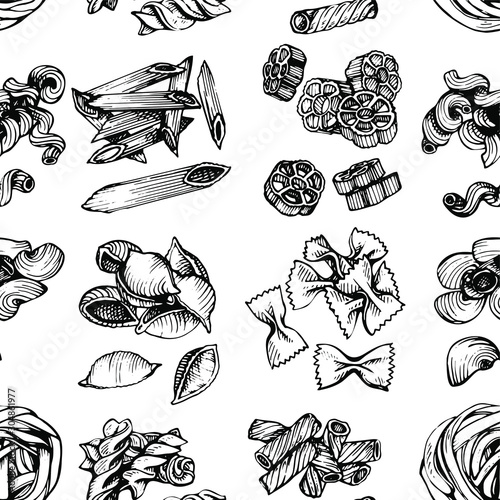 Italian Pasta sketch seamless pattern. Hand drawn vector illustration of macaroni. Sketch seamless background of pasta.