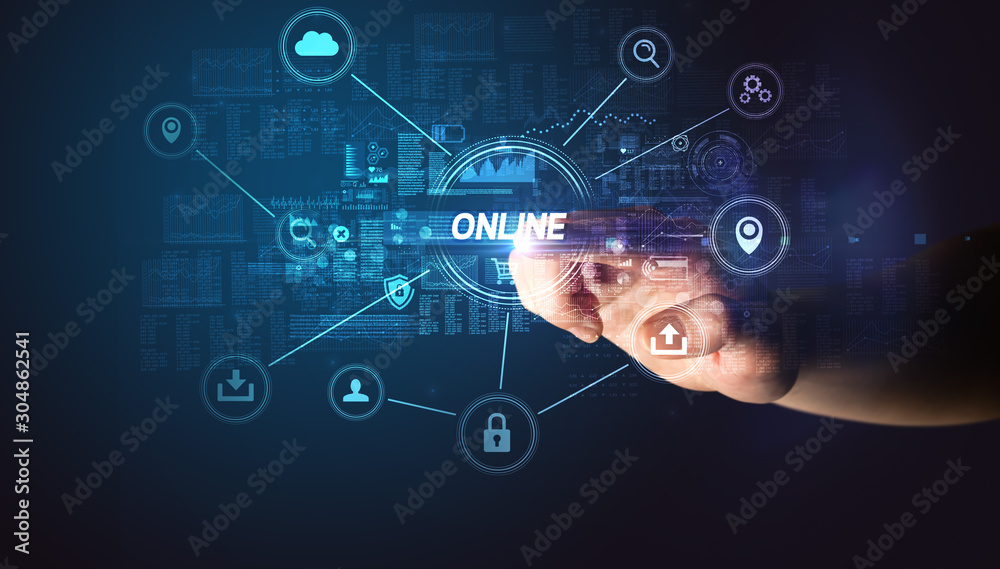 Hand touching ONLINE inscription, Cybersecurity concept Hand touching ONLINE inscription, Cybersecurity concept