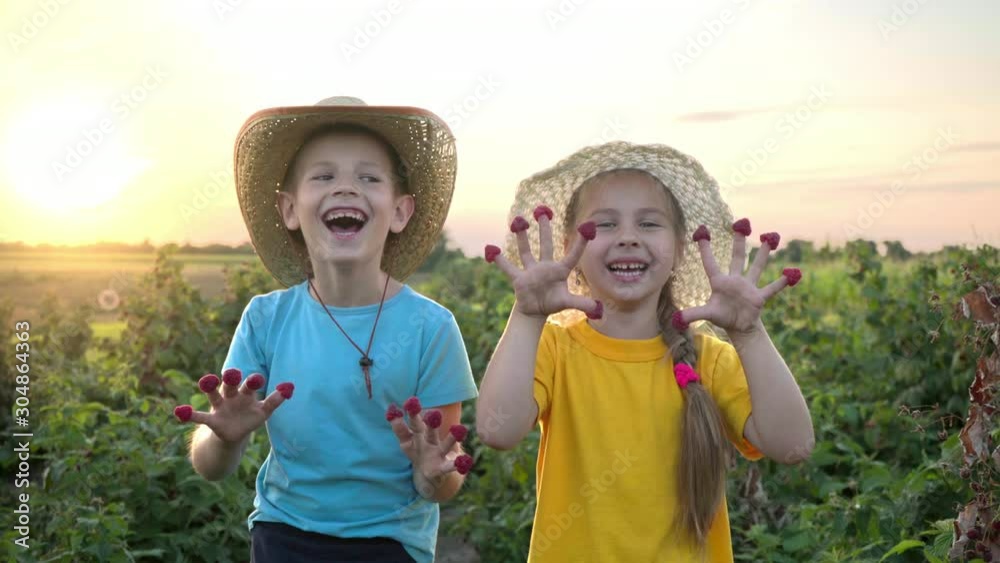 Two happy kids with raspberries. Brother and sister in straw hats laugh ...