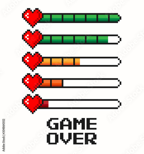 Pixel game life bar isolated on white background. Vector art 8 bit health heart bar. Gaming controller, symbols set. 