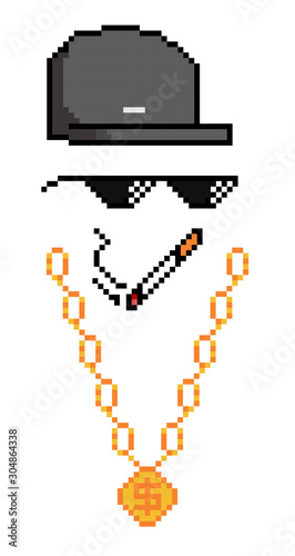 Boss or gangster pixel sunglasses, gold chain, cap and cigarette. Thug attributes isolated on white background. Vector illustration.	
