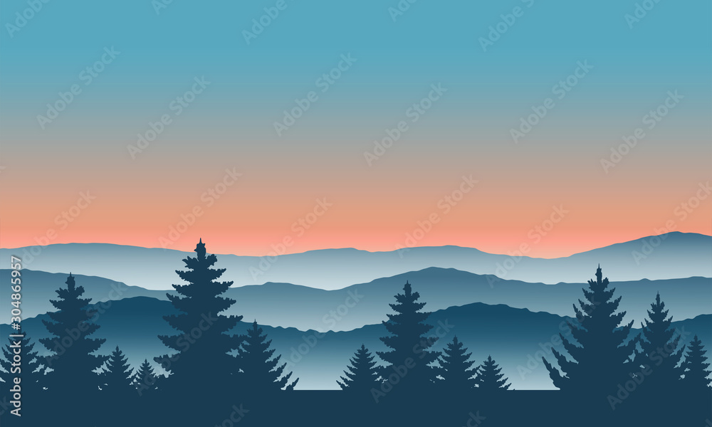 Forest view landscape. Horizon colorful on mountain at fog.