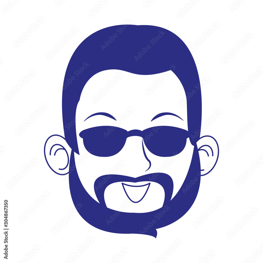 cartoon man with beard and sunglasses over white background, blue design cartoon man with beard and sunglasses over white background, blue design