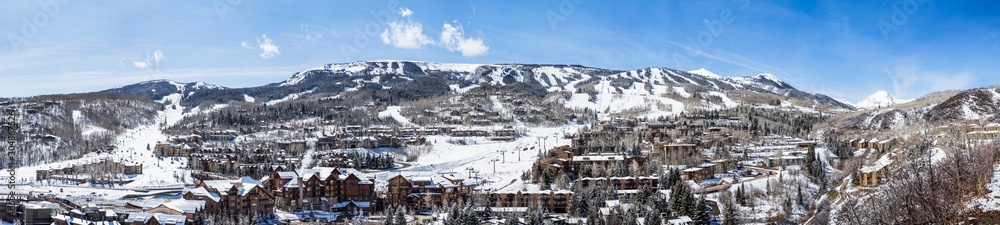Panorama of Snowmass Mountain ski area in Aspen, Colorado.