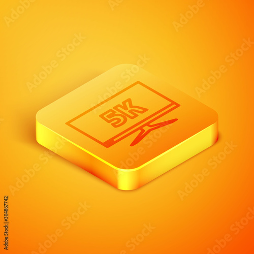 Isometric line Computer PC monitor display with 5k video technology icon isolated on orange background. Orange square button. Vector Illustration