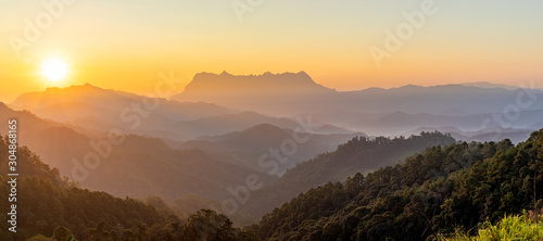 Panoramic mountain layers line at morning colorful sky background  landscape