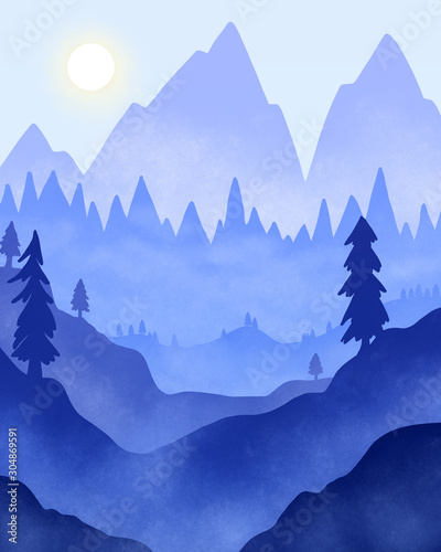 Winter mountains landscape purple blue palette flat illustration tree forest cold day