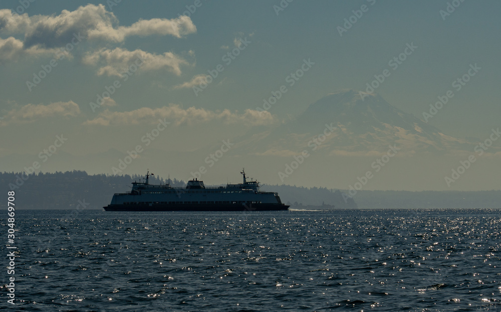 Washington State Ferry transiting to Seattle with Mt Rainier in the distance