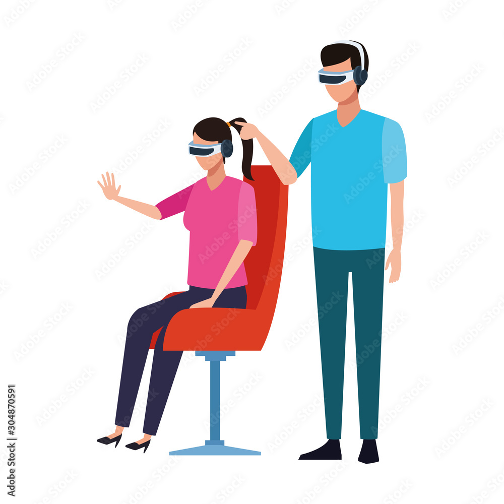 man and woman using technology of augmented reality