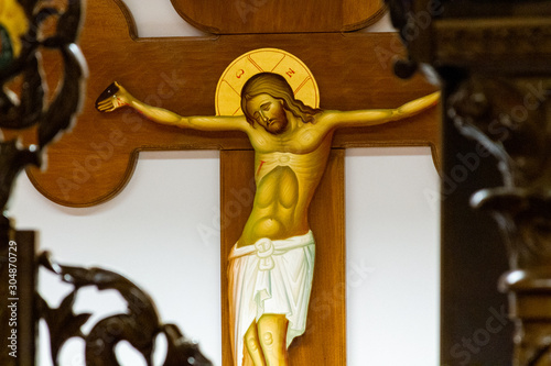 Brussels, Belgium. 2017/10/27. Icon of Jesus Christ on the cross. Orthodox Chapel at the Brussels Zaventem Airport. photo