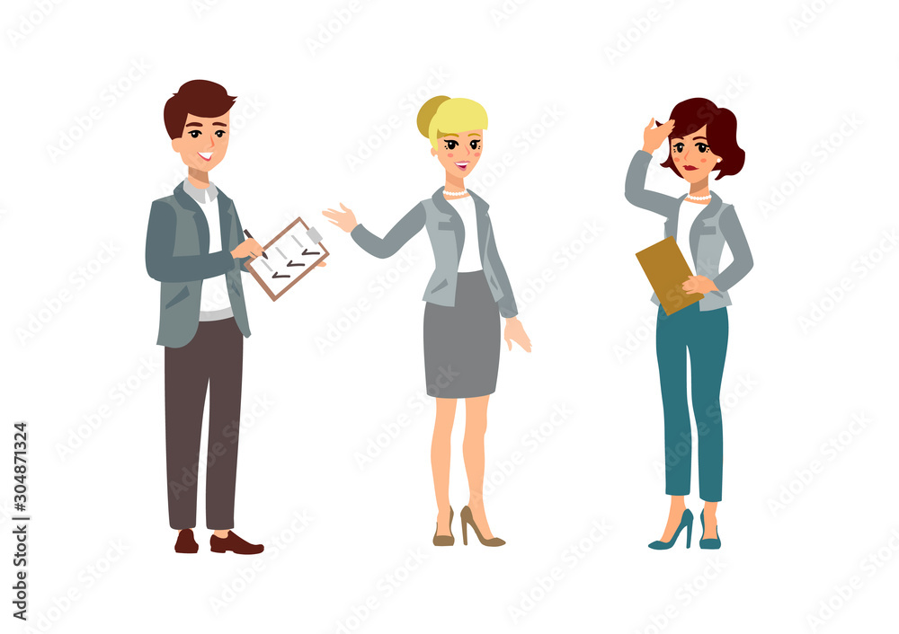 Businesswoman and businessman. Animate character. Female and male personage. Different woman and man postures. Vector personage. Businesswoman and businessman. Animate character. Female and male personage. Different woman and man postures. Vector personage.