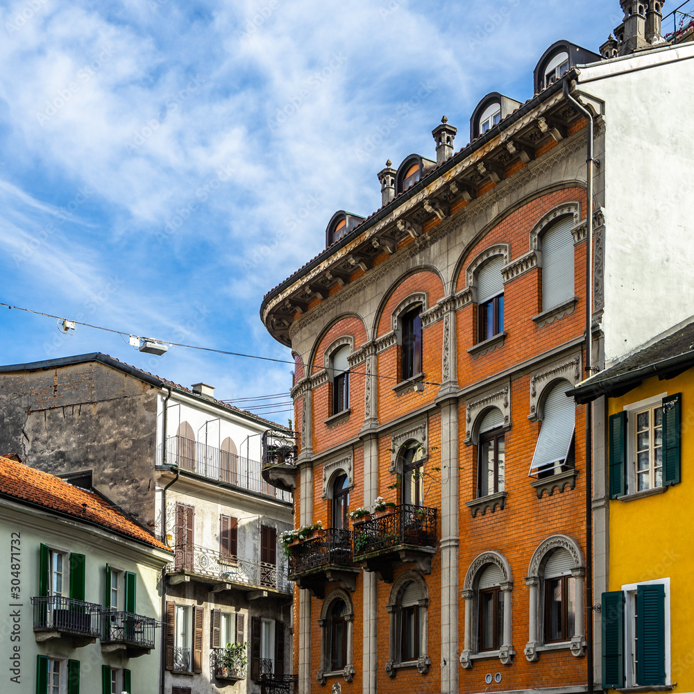 Luxury buildings and houses at Sant Antonio square in Locarno historic center,  Canton Ticino, Switzerland