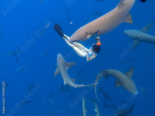 Fototapeta Naklejka Na Ścianę i Meble -  Woman doing apnea with sharks