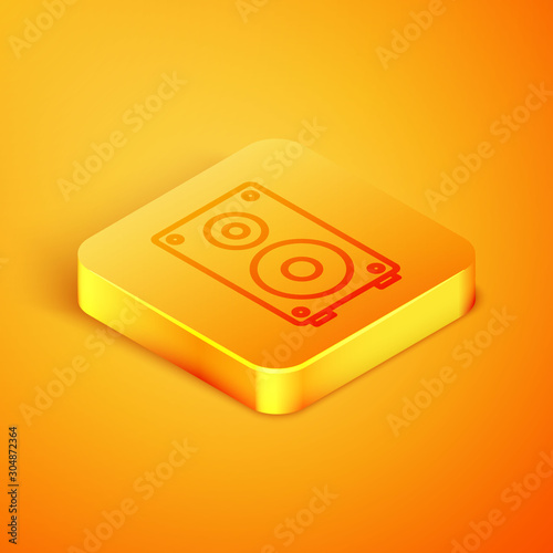 Isometric line Stereo speaker icon isolated on orange background. Sound system speakers. Music icon. Musical column speaker bass equipment. Orange square button. Vector Illustration