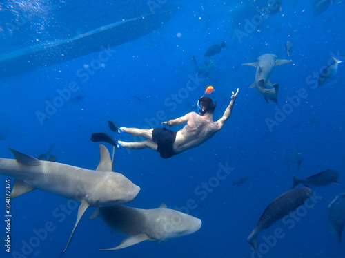 Young man swimming with many sharks