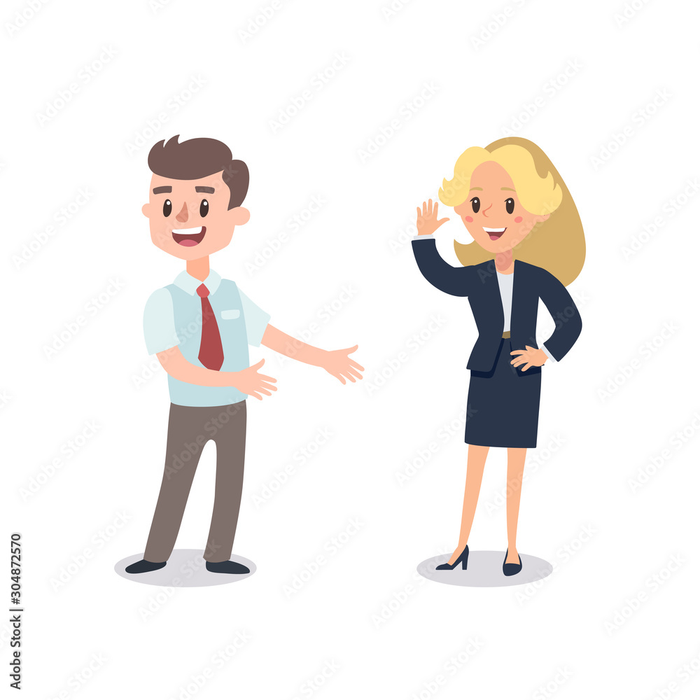 Man and woman present a project. Vector illustration with cartoon characters. Team building. Leadership. Management. Successful team. Man and woman present a project. Vector illustration with cartoon characters. Team building. Leadership. Management. Successful team.