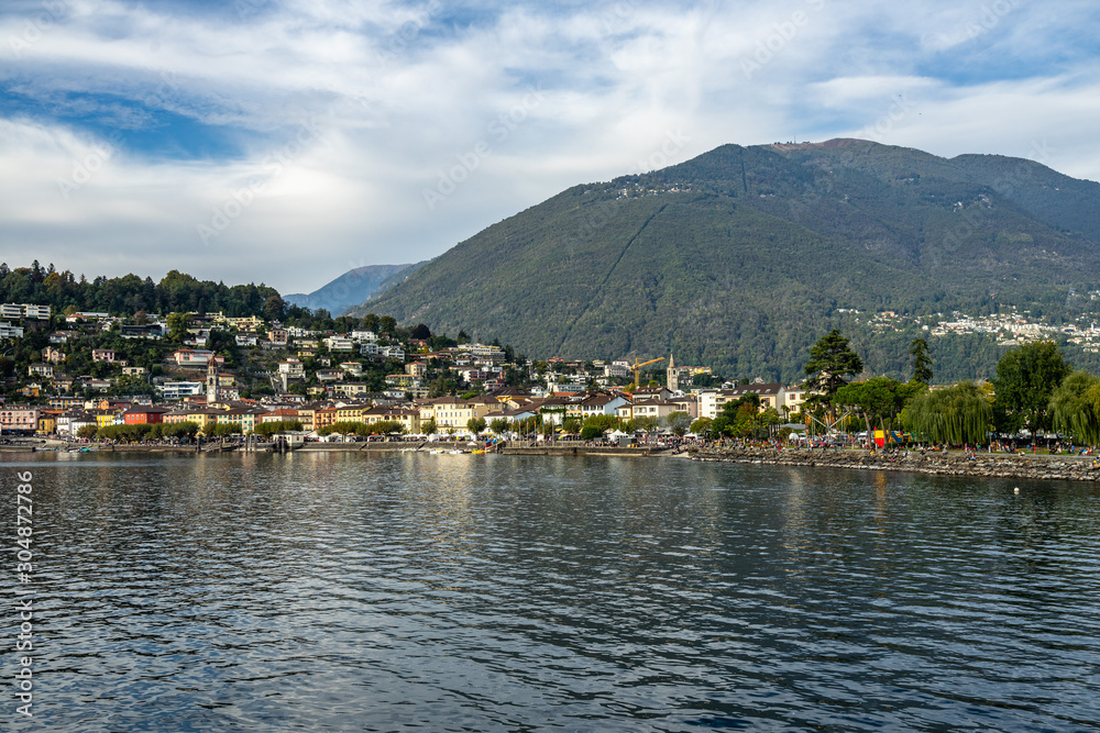 View of Ascona from the ferry sailing on Lake, Canton Ticino, Switzerland