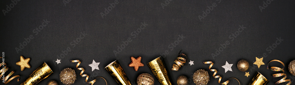 New Years Eve border banner of glittery gold stars, streamers ...