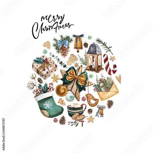 Bright watercolor Merry Christmas card with elements of a Christmas mood and traditional decor. Round handdrawn illustration with lettering.