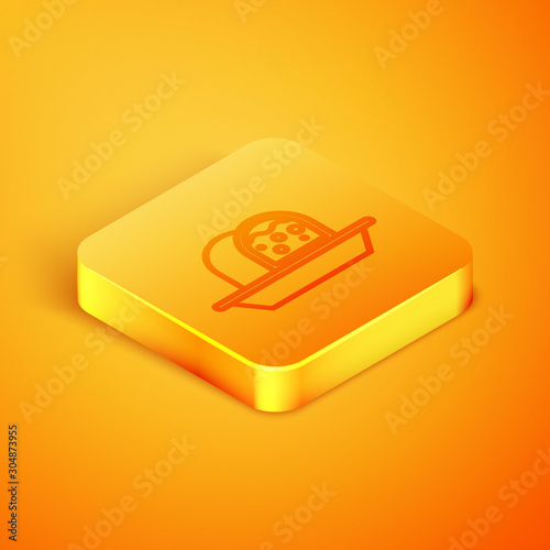Isometric line Marzipan sponge cake icon isolated on orange background. Merry Christmas and Happy New Year. Orange square button. Vector Illustration