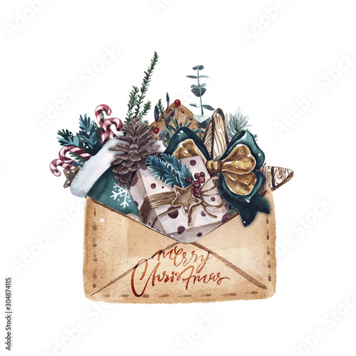 Bright watercolor Merry Christmas card with elements of a Christmas mood and traditional decor. Handdrawn illustration with lettering. Envelope with gifts.