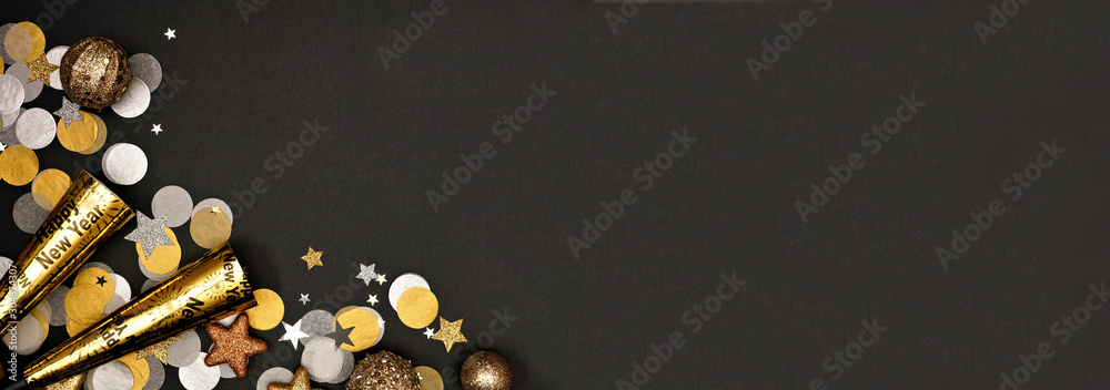 New Years Eve corner border banner of confetti, decorations and ...