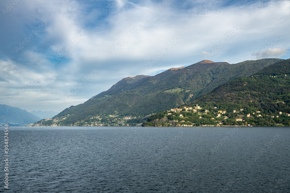 Cruise on a ferry boat in the Swiss part of Lake Maggiore, Canton Ticino, Switzerland