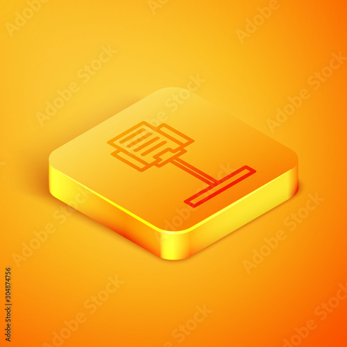 Isometric line Music stand icon isolated on orange background. Musical equipment. Orange square button. Vector Illustration