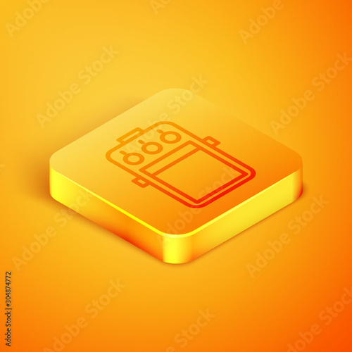 Isometric line Guitar pedal icon isolated on orange background. Musical equipment. Orange square button. Vector Illustration