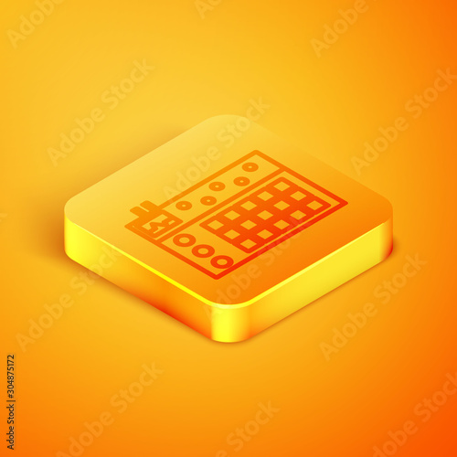 Isometric line Drum machine icon isolated on orange background. Musical equipment. Orange square button. Vector Illustration