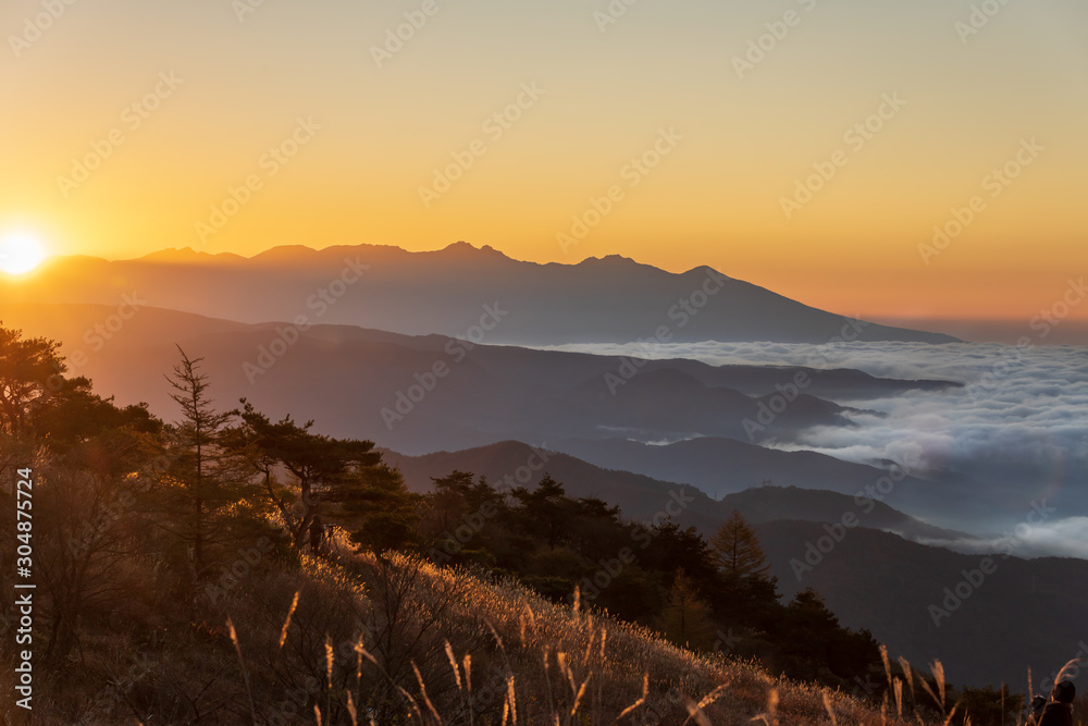 高ボッチ高原から雲海に浮かぶ八ヶ岳の朝焼け