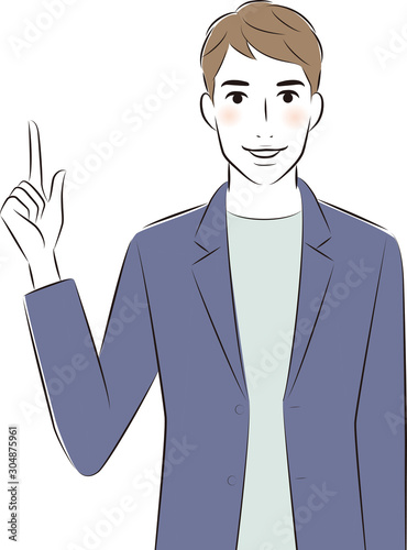 指を指すカジュアルスーツの男性