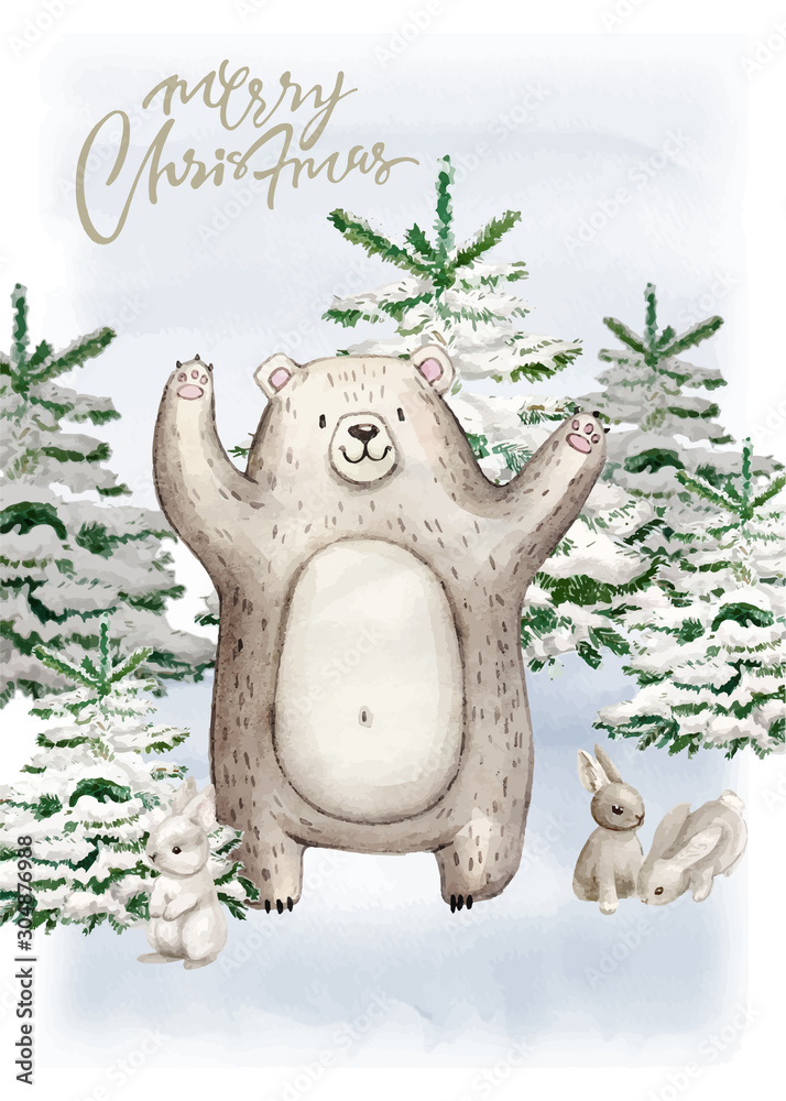Christmas Woodland Cute forest cartoon raccoon, bear animal character. Winter set of new year card