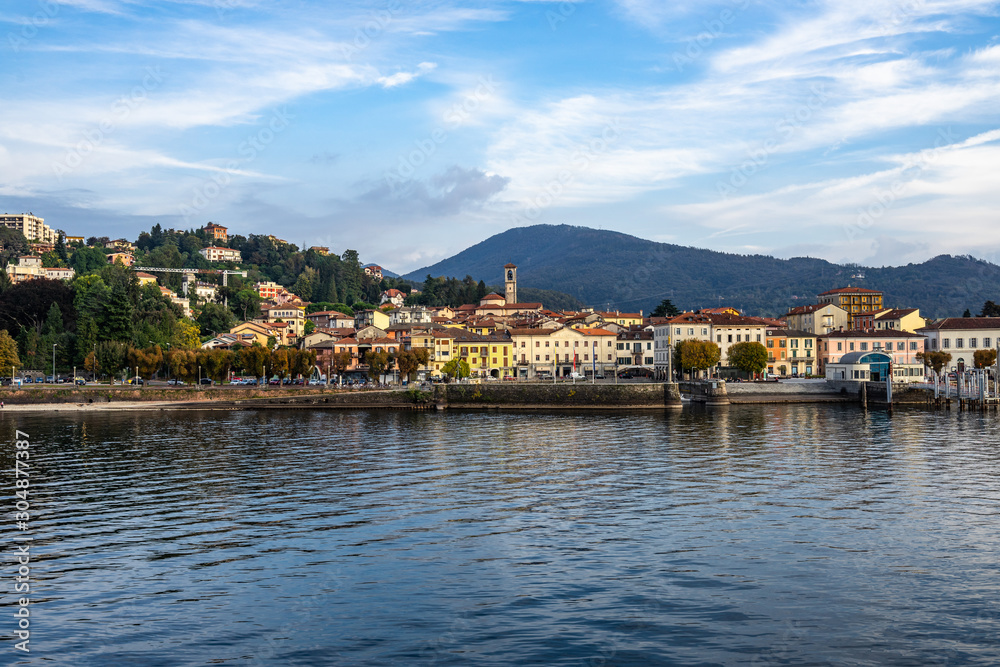 View of Luino from a ferry boat cruising on Lake Maggiore, Lombardy, Italy